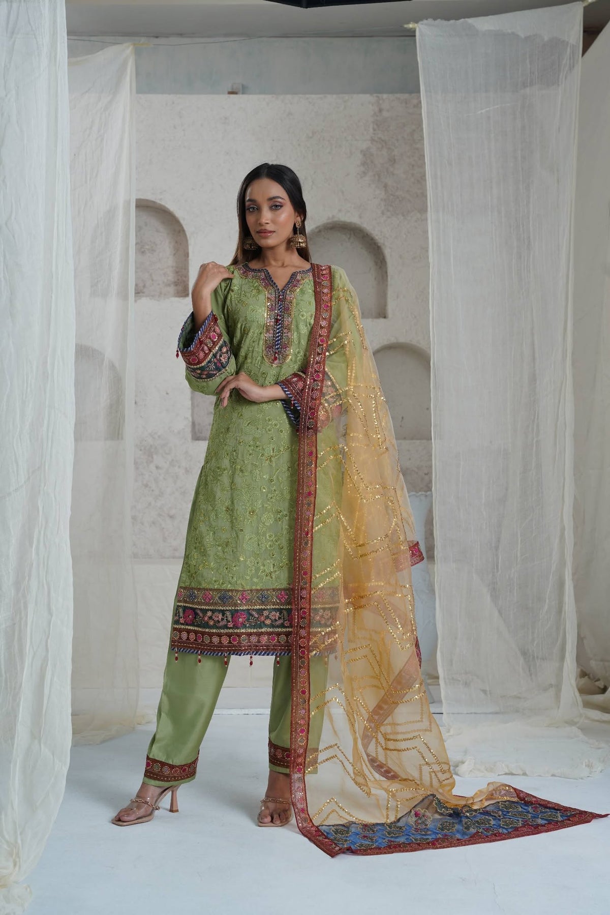 Olive Green Khaddar Block Print Three Piece (Winter - Unstitched)