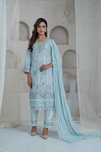 Sky Blue Printed Cotton Three Piece (Semi-Stitched)