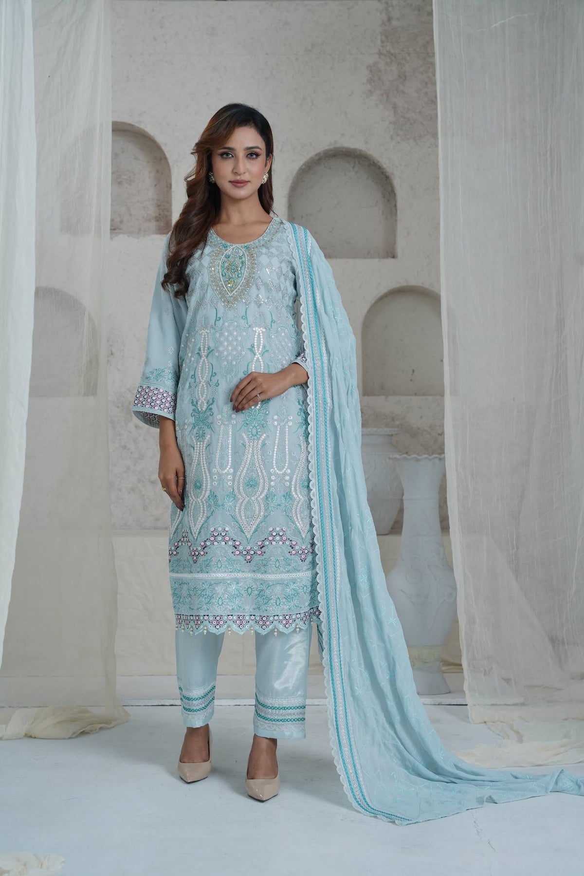 Sky Blue Printed Cotton Three Piece (Semi-Stitched)