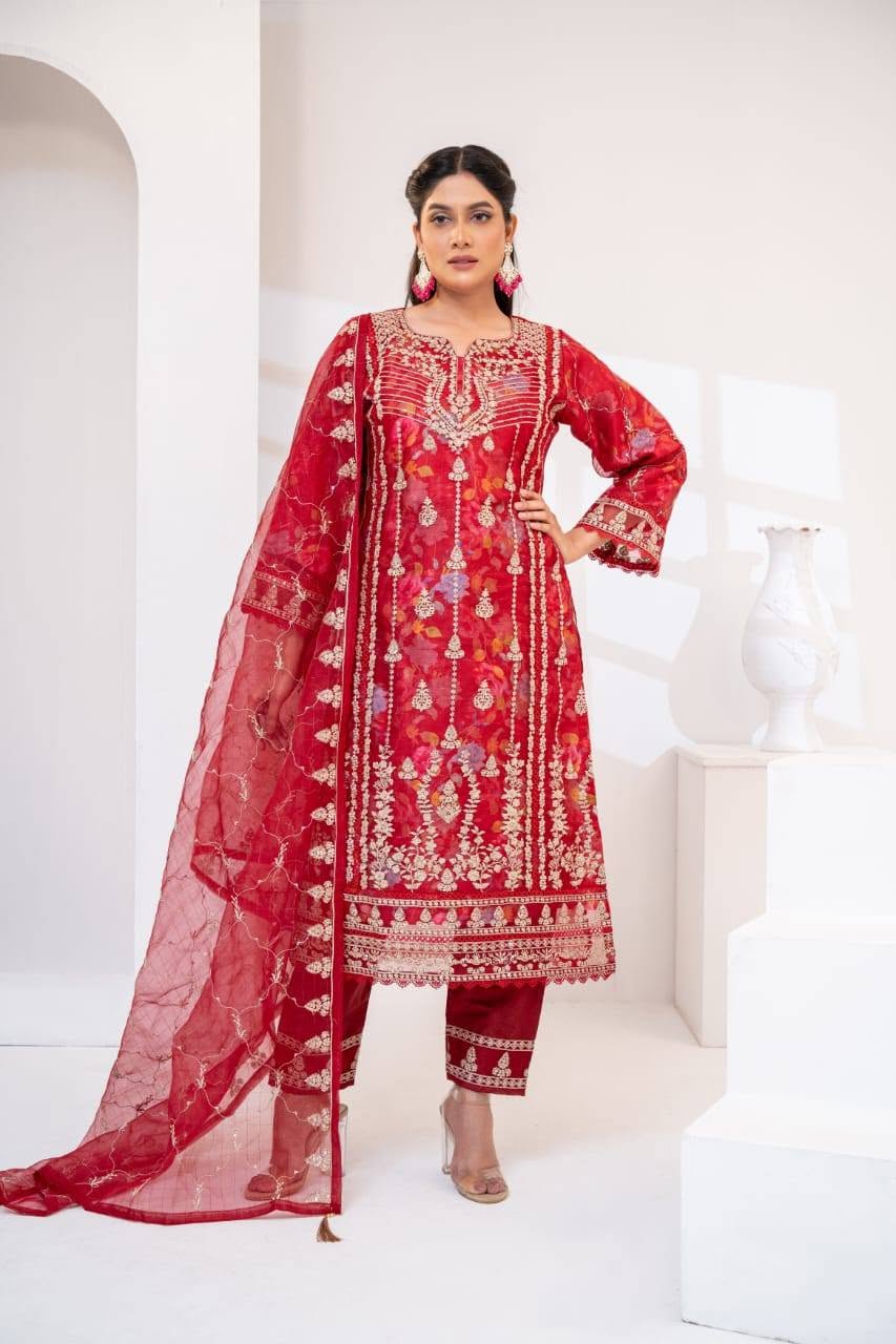 Red Velvet Embroidered Three Piece (Winter Wedding – Stitched)