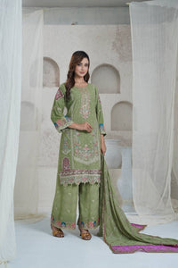 Olive Green Khaddar Block Print Three Piece (Winter - Unstitched)