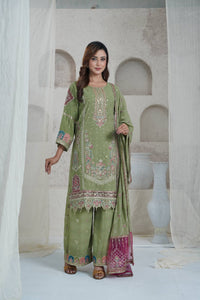 Olive Green Khaddar Block Print Three Piece (Winter - Unstitched)
